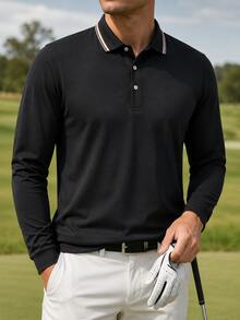 Men's Golf Light Business Long Sleeve Polo Shirt, Contrast Color Collar, Suitable For Golf, Business, Office, Daily Casual, Outdoor And Multiple Occasions - Black - View 2