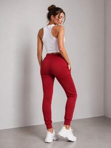 Sweatpants, Elastic Waistband With Drawstrings, Mid-Rise, 2 Pockets, Tapered Legs With Drawstrings, Basic - Dark Red - View 2