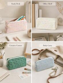 Sweet Striped Pencil Case, Colorful Bubble Gauze Woven Fabric Stationery Storage Bag, Large Capacity Zipper Pencil Pouch, Soft Texture Decorative Accessory, Suitable For Pens And Pencils, Students Back To School Study Desk Home Office Holiday Use - Multicolor - View 4