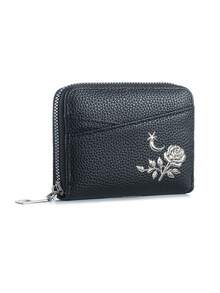 Women Rose & Moon Star Print Zipper Around Short Wallet, Accordion-Style Multi-Card Holder Coin Purse, Compact Small Purse For Daily Use - Multicolor - View 12