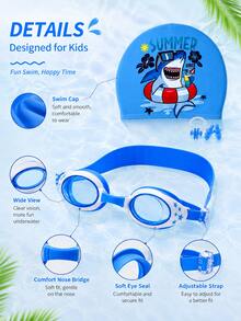 Children's Swim Goggles Set, Blue And White Color Block, Five-Pointed Star Pattern, Adjustable Swimming Goggles, Shark Cartoon Print Fabric Swim Cap, Nose Clip And Earplugs, Summer Pool Water Play Swimming Gear - Blue - View 4
