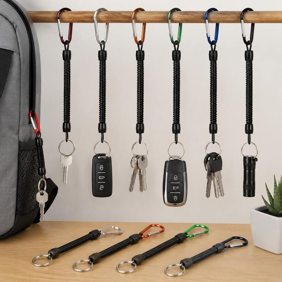 Multifunctional Elastic Retractable Key Lanyard With Quick-Release Carabiner + Metal Key Ring, Outdoor Fishing Camping Daily Commute Anti-Loss Key Tool Chain - Black - View 1