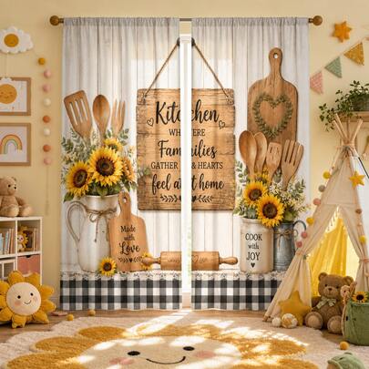 2pcs Vintage American Farmhouse Plaid Sunflower Print Decorative Curtains, No-Drill Rod Pocket Design, Easy Installation And Removable, Polyester Material, Suitable For Bedroom, Living Room And Home Decor