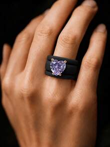 3PCS Stacked Black Silicone Ring Set, Cut With Purple Heart-Shaped Zirconia, Suitable For Daily Wear, Girlfriends, Couples, Weddings, Valentine's Day - Black Silicone - Purple Heart - View 4
