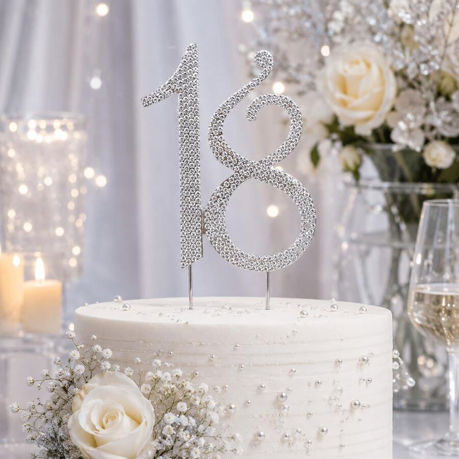 Gold & Silver Rhinestone 18th Birthday Cake Topper, Sparkling Number 18 Cake Decoration For Birthday Party, Anniversary & Celebration - Style a - View 1