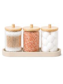 Cotton Swab Holder Set – Bathroom Organizer, Round Cotton Swab Holder With Tray, Apothecary Jar Container Set With Lids - View 1