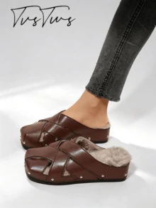 Autumn/Winter Thermal Lined Cross-Woven Mule Women's Shoes, Contrast Color Rivet Square Toe Closed-Toe Slippers, Thick Sole Warm Thermal Slippers For Outdoor Wear - Brown - View 1