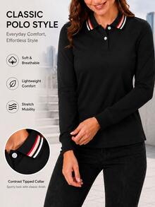 Women's Classic Black Polo Shirt With Long Sleeves, Contrast Striped Collar And Button Front, Casual Versatile Top - Black - View 1