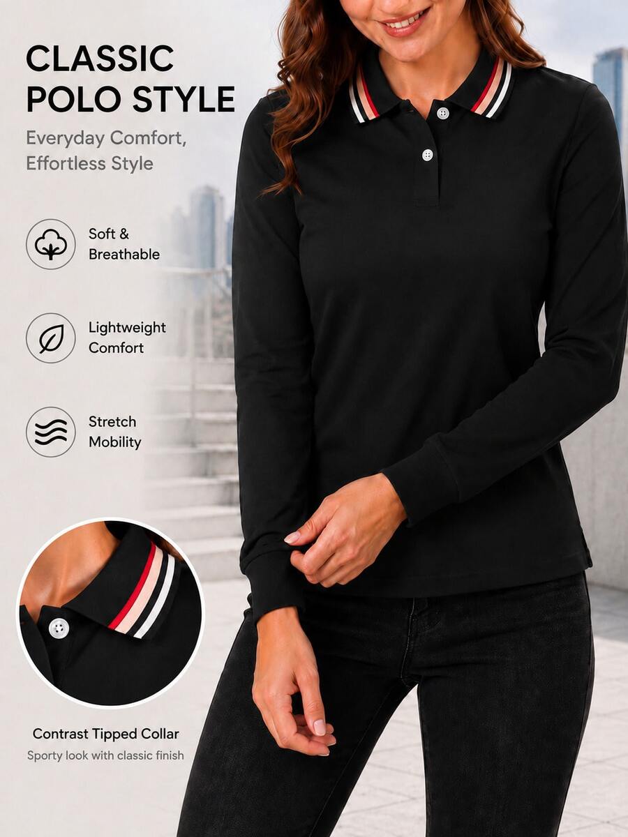 Women's Classic Black Polo Shirt With Long Sleeves, Contrast Striped Collar And Button Front, Casual Versatile Top - Black - View 1