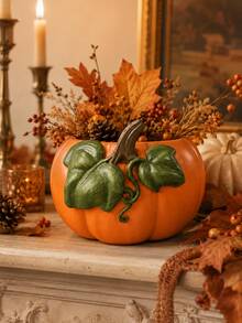 1pc Pumpkin Planter, Orange Fall Flower Pot With Decorative Green Leaves, Autumn Harvest Thanksgiving Tabletop Decor For Living Room Dining Table Mantel Shelf - Multiple Styles - View 3
