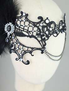 Vintage Gothic Black Lace Feather Masquerade Mask With Rhinestone Chain Eye Cover, Women's Halloween Party Wedding Cosplay Costume Accessory - Multicolor - View 6