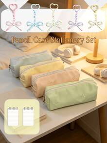 Tempat Pensil Bordir Pita Warna Macaron Lembut, Tas Penyimpanan Alat Tulis Kapasitas Besar Warna Polos Sederhana Estetis Tinggi, Dilengkapi dengan Liontin & 2 Buku Catatan, Tempat Pensil Gaya Jepang Segar dan Feminin untuk Pelajar - Set - View 1