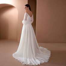 White Bateau Neck Wedding Dress, Elegant Off Shoulder Puff Long Sleeve Chiffon Maxi Dress A Line Flowy Wedding Bridal Gown Formal Party Evening Gown - White - View 7