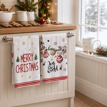 2pcs Christmas Tree Snowflake Bell Letter Print Kitchen Towels, Cozy Holiday Style Hand Towels, Suitable For Christmas Celebration, Christmas Party, Kitchen Decor, Baking Scenes And Winter Home Decoration - Multicolor - View 5