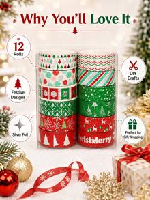 12 Rolls/Box Vintage Christmas Silver Foil Washi Tape, 1.5cm*5m Size Festive Tape Set, Perfect For Holiday Gift Wrapping, Card, Journal, And Scrapbook Decorations - Sets - View 6