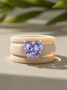 3PCS Stacked Card Color Silicone Ring Set, Cut Purple Love Zirconia, Suitable For Daily Wear, Best Friends, Couples, Weddings, Valentine's Day - Khaki-purple Heart - View 8