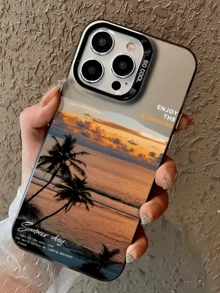 1pc Black Beach Sunset Coconut Tree Minimalist Anti-Drop Soft TPU Phone Case Full Coverage Anti-Fouling Compatible With Apple 18 17 16 15 14 13 12 11 Pro Max Protective Case Air Suitable For Samsung Series - Multicolor - View 3