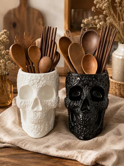 1pc/2pcs Gothic Floral Embossed Skull Utensil Holder, Large‑Capacity Cutlery Storage Crock, Black White Kitchen Countertop Organizer, Multi‑Purpose Skull Vase, Halloween Gothic Table Home Decor