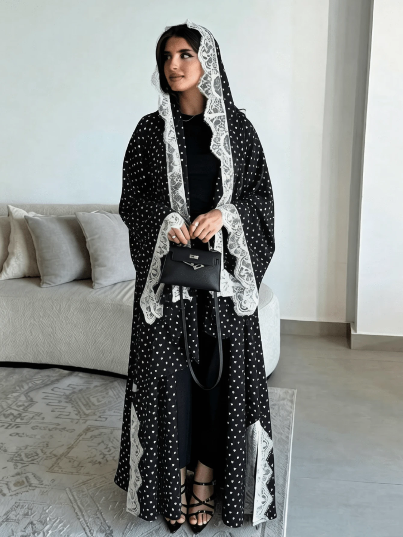 Fashion Sweet Lace Trim Polka Dot Print Long Robe Arabic Cardigan (Includes Headscarf)