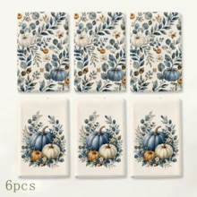 2/4/6/8pcs Kitchen Towels Set, Blue & White Pumpkin Eucalyptus Print Polyester Hand Towels, Watercolor Autumn Botanical Design, Farmhouse Fall Kitchen Decor, Thanksgiving Decorations - Multicolor - View 12