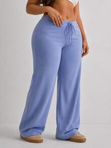 Women's Casual Solid Color Long Straight Leg Pants With Medium Stretch - Baby Blue - View 2