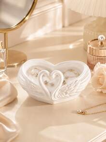 Heart-Shaped Double Swan Jewelry Tray, White Swan Shaped Storage Tray, Embossed Wing Design Jewelry Organizer, INS Style Pure White Desktop Organizer, Entryway Key Storage Tray, Vanity Earring Necklace Storage Rack, Romantic Wedding Decor Ornament, Jewelry Key Desktop Storage Box, Entryway Bedroom Decor Ornament - Multicolor - View 6