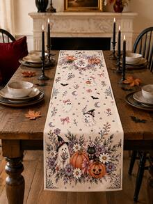 1pc-Vintage Pastel Halloween Table Runner, Cute Ghost Witch Black Cat Pumpkin Lavender Purple Floral Spider Web Print Table Runner, Dining Room Holiday Party Home Tabletop Decoration - Multicolor - View 13