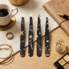 Set 4 Buah Pinset Alis, Pinset Presisi Desain Bintang Emas Hitam untuk Membentuk Alis dan Mencabut Bulu Wajah - MultiWarna - View 1