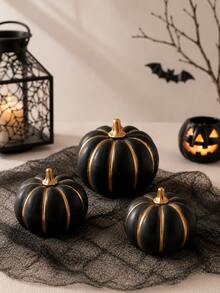 6pcs/3pcs Black Gold Pumpkin Decor, Artificial Pumpkins For Halloween Decorations, Fall Harvest Pumpkin Decorations, For Halloween Party Decorations, Mantel Shelf Table Centerpiece Home Decor - Black and Gold Faux Pumpkin - View 2