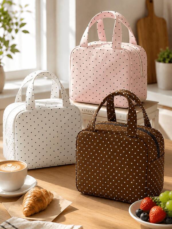 New Polka Dot Print Pattern Handheld Lunch Bag, Outdoor Picnic Storage Bag, Cosmetic Bag, Toiletry Bag, School Lunch Bag, Travel Organizer Bag, Lightweight Portable Handheld Travel Cosmetic Storage Bag, Toiletry Bag, Women's Small Handbag, Non-Food Contact, Daily Storage Bag, Outdoor Travel Luggage Storage Bag, Yoga Fitness Bag, Travel Luggage Organizer Bag, Portable Compact Style, Floral Cart Print Decoration, Top Handle Cosmetic Bag, Minimalist Casual Large Capacity Commuter Bag, Fashion Polka Dot Shoulder Bag, Random Polka Dot Density