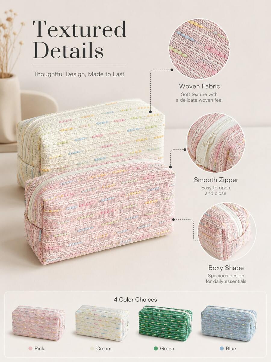 Sweet Striped Pencil Case, Colorful Bubble Gauze Woven Fabric Stationery Storage Bag, Large Capacity Zipper Pencil Pouch, Soft Texture Decorative Accessory, Suitable For Pens And Pencils, Students Back To School Study Desk Home Office Holiday Use - Multicolor - View 1