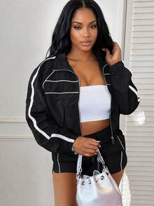 LovelyWholesale Women's Casual Lapel Side Stripe Long Sleeve Zipper Top With Drawstring Shorts 2-Piece Set, Spring Daily Outfit - Black - View 1