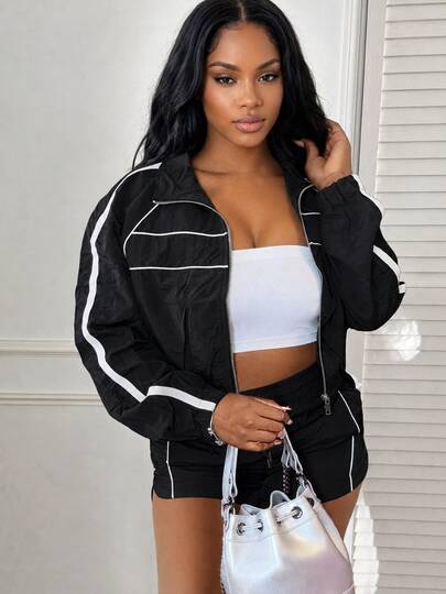 LovelyWholesale Women's Casual Lapel Side Stripe Long Sleeve Zipper Top With Drawstring Shorts 2-Piece Set, Spring Daily Outfit