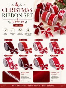 1pc Christmas Velvet Ribbon, Fuzzy Edge Wired Ribbon, 8 Festive Styles, 2m Per Roll, Snowflake Santa Reindeer Prints, Gift Wrapping Bow Making, Christmas Tree Wreath Garland Decor, Holiday Party Home Decoration - 2m/78.7in - View 2