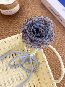 1 Pc Korean Light Leopard Rose Pearl Hair Tie, Vacation Style Blue Pearl Ribbon Scrunchie, Dual-Use Wrist & Hair Accessory - Multicolor - View 3