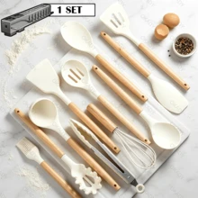 LÈRFM [MXBTG]1 set Conjunto de 12 piezas de utensilios de cocina en silicona, juego de utensilios antiadherentes resistentes a altas temperaturas, con asas de madera, herramientas domésticas universales para cocina,Conjunto de utensilios de cocina + pared de almacenamiento para cocina - Blanco - Ver 8