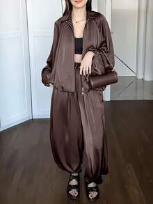 Women's 2 Pieces Set With Collared Zip-Up Jacket And Loose Lantern Sleeves, Draped Wide-Leg Pants, Spring/Autumn - Coffee Brown - View 3