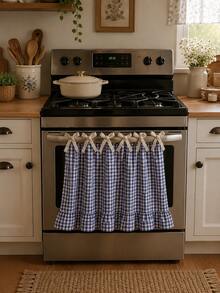 Plaid Ruffled Oven Door Curtain, Farmhouse Style Checkered Stove Handle Curtain With Tie Rope, Country Style Scalloped Edge Kitchen Decor Curtain, Washable Small Window Curtain, Suitable For Oven, Cabinet, Open Cabinet And Small Window, Farmhouse Style Kitchen Home Decor - Ruffled Edge - View 6