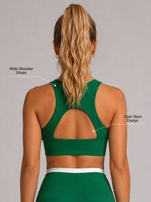 Sodalemon Women's Colorblock Striped Hollow-Out Racerback Sports Bra, Wide Strap Fitness Bra, Suitable For Yoga, Gym And Daily Fitness - Green - View 1