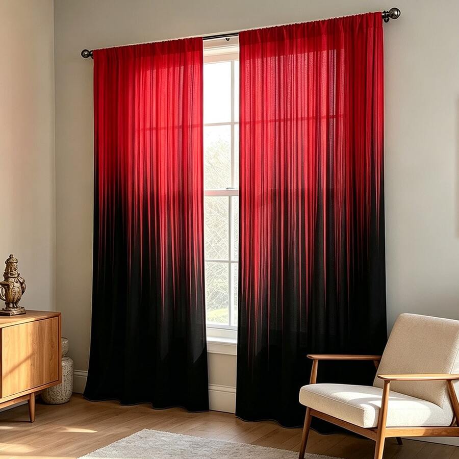 2pcs Vertical Stripe Curtains, Red-Black Gradient, 2D Flat Print, Modern Luxury Style, Semi-Transparent Fabric, Rod Pocket Design, Suitable For Bedroom, Living Room And Study Window Decoration - Multicolor - View 1