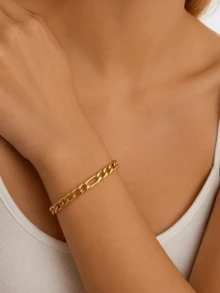 1pc Minimalist Fashion Stainless Steel NK Chain Bracelet, Gold Figaro Chain Bracelet, Suitable For Women, Perfect As A Gift - Yellow Gold - View 1