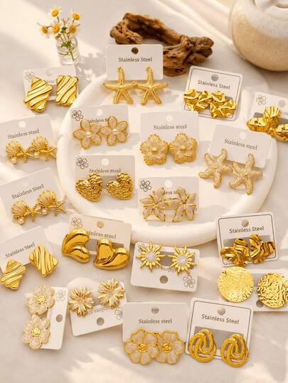 4/8/16/24pcs Stainless Steel 18K Gold Plated Earrings,Women Daily Wear Jewelry