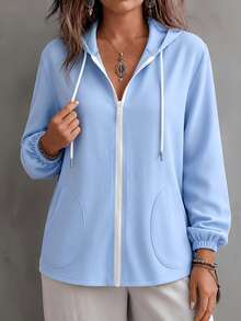 Women's Casual Long Sleeve Zip-Up Hoodie, Non-Stretch Woven Fabric, Everyday Versatile Jacket - Baby Blue - View 1