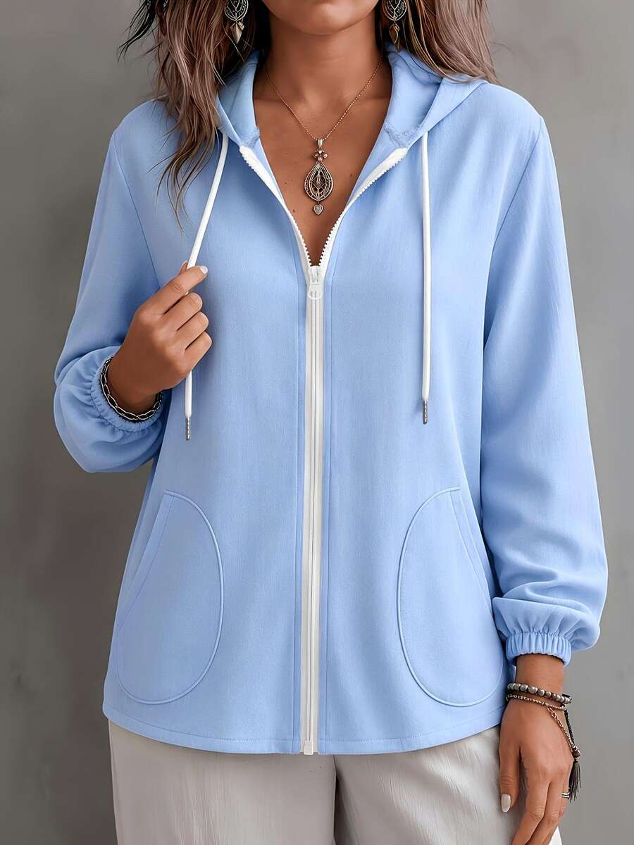 Women's Casual Long Sleeve Zip-Up Hoodie, Non-Stretch Woven Fabric, Everyday Versatile Jacket - Baby Blue - View 1