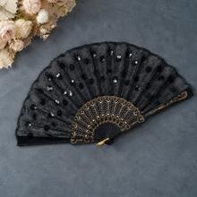 1pc 22CM Women's Sequin Embroidered Fan, Plastic Gold Foil Frame, Suitable For Party, Shopping, Travel, Sun Protection - Black - View 2