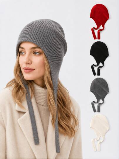 Women's Knitted Balaclava Hat, Soft Woolen Headwrap, Face-Slimming Design, Warm Ear Protection, Versatile Autumn/Winter Beanie, Dopamine Minimalist Korean Style