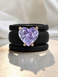 3PCS Stacked Black Silicone Ring Set, Cut With Purple Heart-Shaped Zirconia, Suitable For Daily Wear, Girlfriends, Couples, Weddings, Valentine's Day - Black Silicone - Purple Heart - View 2