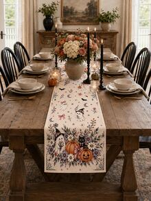 1pc-Vintage Pastel Halloween Table Runner, Cute Ghost Witch Black Cat Pumpkin Lavender Purple Floral Spider Web Print Table Runner, Dining Room Holiday Party Home Tabletop Decoration - Multicolor - View 3