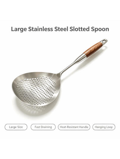 Large Stainless Steel Slotted Spoon With Wooden Handle, Heat-Resistant Pasta Strainer Spoon For Boiling Frying Draining, Fast Draining Kitchen Utensil With Hanging Loop, Dishwasher , Non-Stick Friendly,Kitchen Essentials,Cocina,