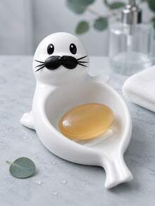 1pc Cute Seal Shaped Soap Tray, Wide Base And Raised Ribbed Design, Decorative Animal Soap Holder, Keeps Soap Clean And Countertop Tidy, Suitable For Bathroom, Kitchen, Dorm, Hotel Or As A Gift | Cute Soap Tray, Bathroom Decor, Soap Storage - Multicolor - View 1